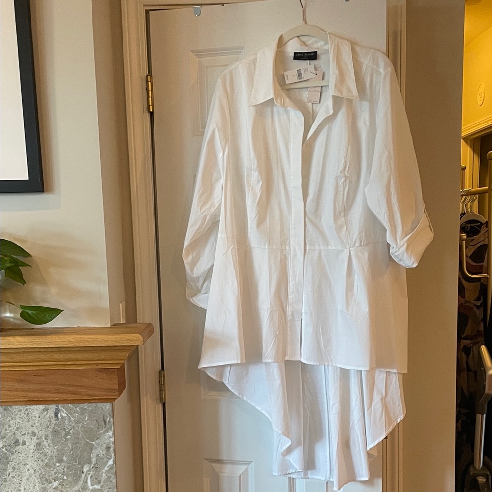 Lane Bryant White Collared Button-Front Hi Low Top